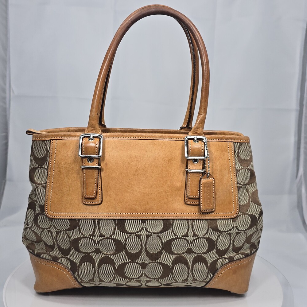 Vtg Y2K Coach 6636 Carryall Jacquard/Leather Signature Tote Tan/Khaki Bag Rare